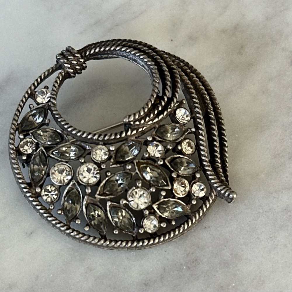 Vintage Silver-Tone Crystal Statement Brooch - Clear Crystal Accent